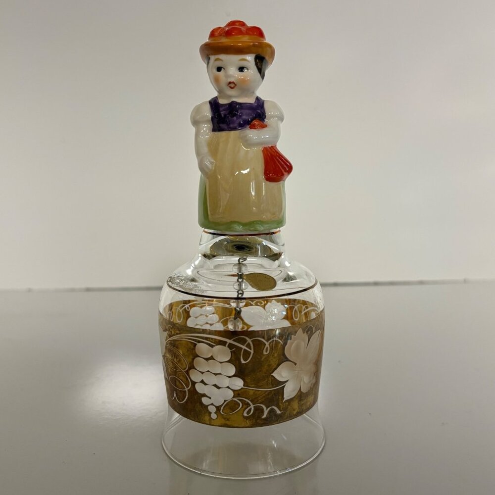 Western Germany Hand-Painted Porcelain Girl Glass Bell Gold Trim Grapevine VTG